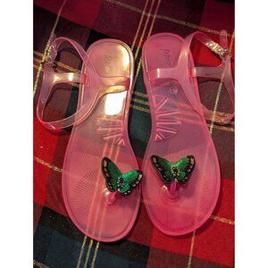 Betsey Johnson Pink Jelly Sandals With Green Butterfly Sequin Embellishment & Ad